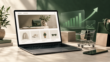Premium ecommerce setup with a laptop displaying an online storefront, a shopping cart, and rising analytics charts, illustrating Shopify conversion rate optimization and online sales growth.